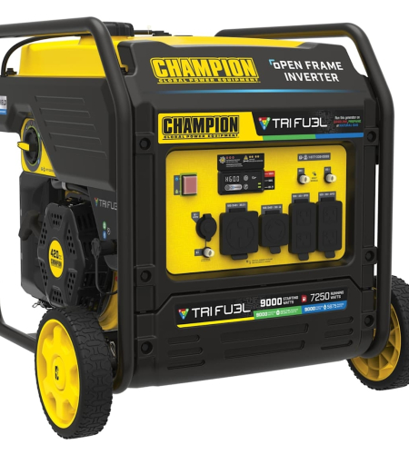 Champion 7,250-Watt (120 / 240V) Electric Button / Recoil Start Tri-Fuel Open Frame Inverter Portable Generator with CO Shield (49-State) Champion 7,250-Watt (120 / 240V) Electric Button / Recoil Start Tri-Fuel Open Frame Inverter Portable Generator with CO Shield (49-State)