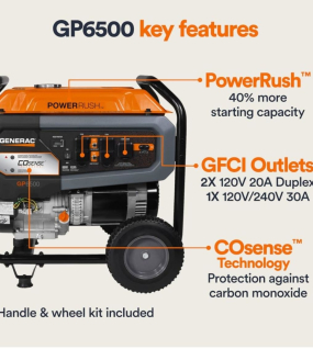 Generac GP Series 6,500 Watt (120 / 240V) Recoil Start Gasoline Portable Generator with CO-SENSE and Convenience Cord (49-State)