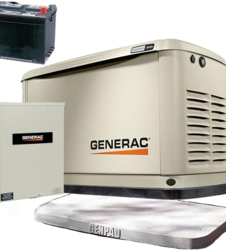 Generac Guardian Series 10kW (120 / 240V) Single-Phase Air Cooled Multi-Fuel Standby Generator with 100a Automatic Transfer Switch, Wi-Fi, Pad, Battery