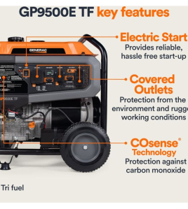 Generac GP Series 9,500 Watt (120 / 240V) Electric Button / Recoil Start Tri-Fuel Portable Generator with COsense (49-State)