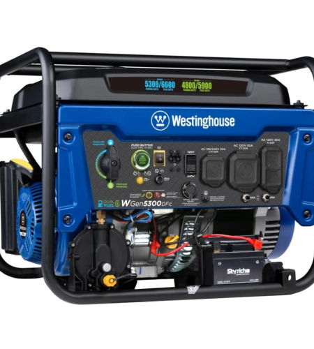 Westinghouse Power Equipment 5,300-Watt (120 / 240V) Electric Button / Recoil Start Multi-Fuel Portable Generator with RV Outlet and CO Sensor Westinghouse Power Equipment 5,300-Watt (120 / 240V) Electric Button / Recoil Start Multi-Fuel Portable Generator with RV Outlet and CO Sensor